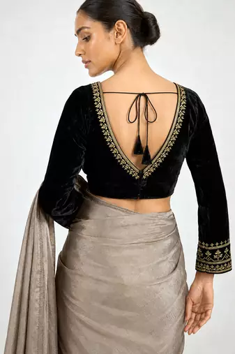 Black velvet full sleeves embroidered saree blouse
