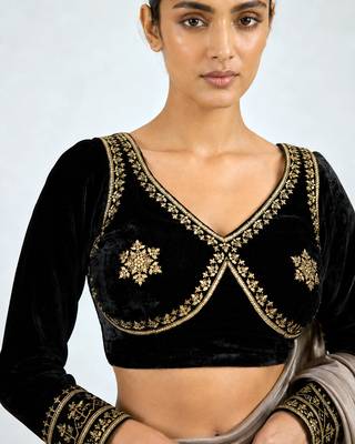 Black velvet full sleeves embroidered saree blouse 3
