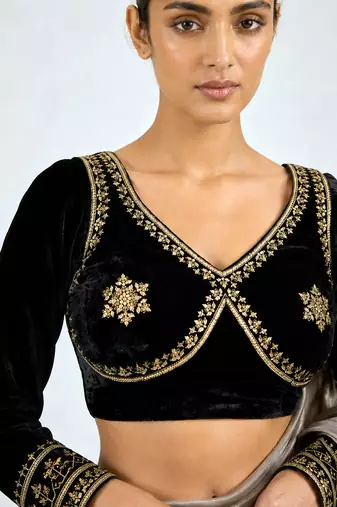 Black velvet full sleeves embroidered saree blouse
