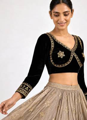 Black velvet full sleeves embroidered saree blouse 4