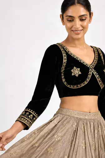 Black velvet full sleeves embroidered saree blouse
