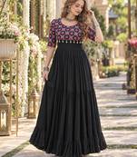 Black cotton readymade anarkali suit with embroidery & mirror work