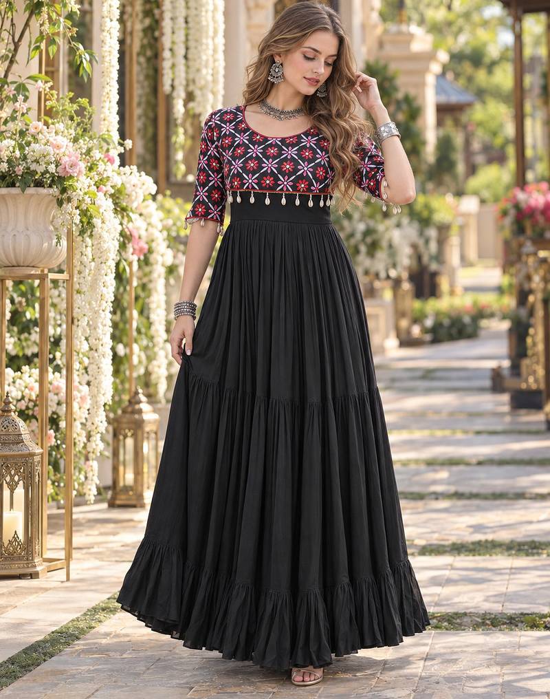 Black cotton readymade anarkali suit with embroidery & mirror work