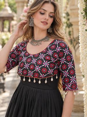 Black cotton readymade anarkali suit with embroidery & mirror work 2