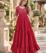 Red cotton readymade anarkali suit with embroidery & mirror work