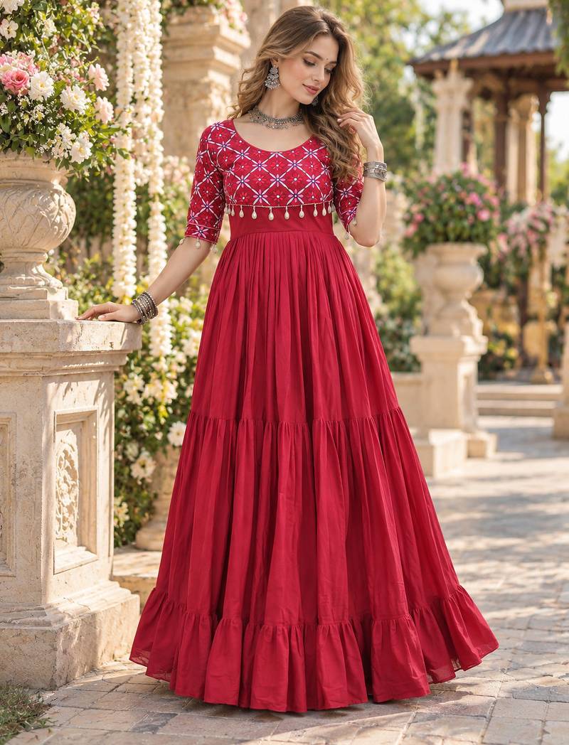 Red cotton readymade anarkali suit with embroidery & mirror work