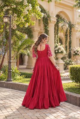 Red cotton readymade anarkali suit with embroidery & mirror work 3