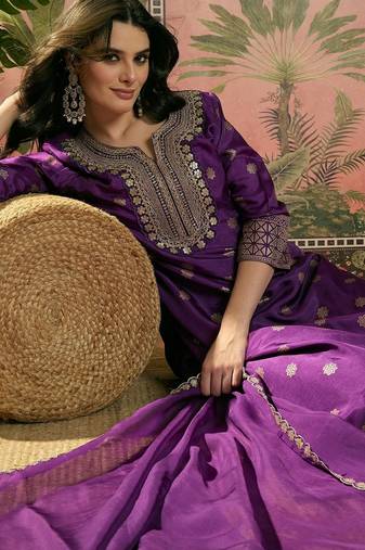 violet thread embroidered silk blend stitched straight trouser salwar suit set