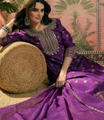 violet thread embroidered silk blend stitched straight trouser salwar suit set
