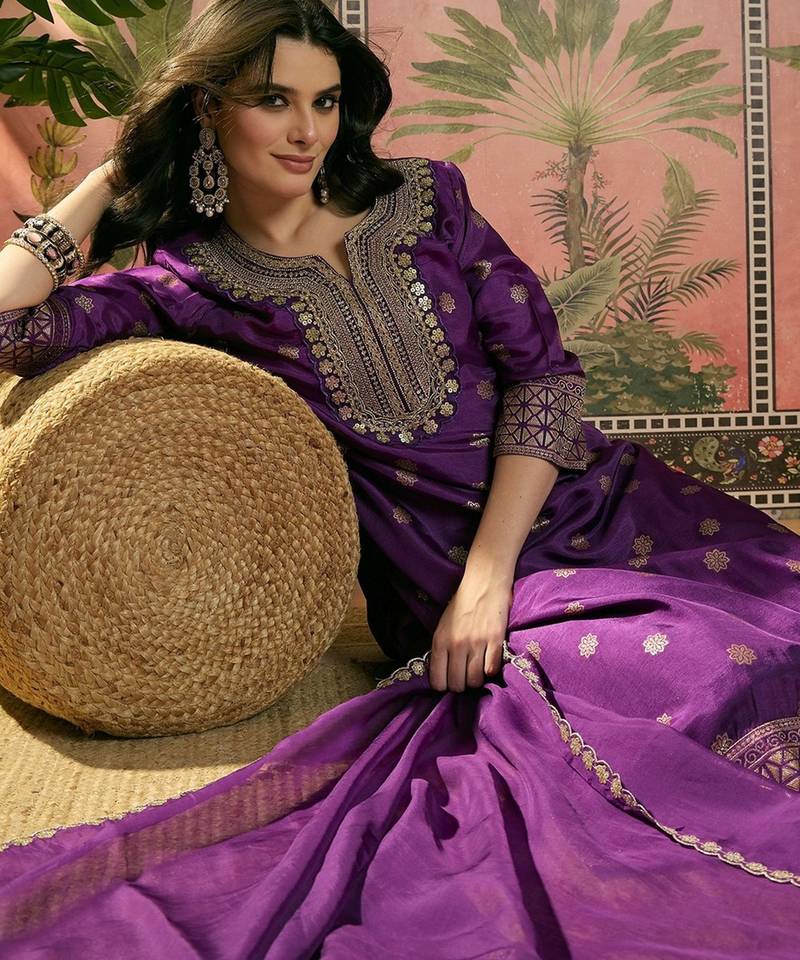 violet thread embroidered silk blend stitched straight trouser salwar suit set