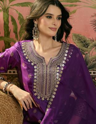 violet thread embroidered silk blend stitched straight trouser salwar suit set 2
