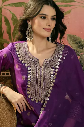 violet thread embroidered silk blend stitched straight trouser salwar suit set