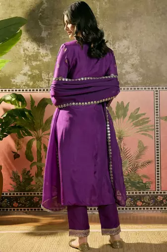 violet thread embroidered silk blend stitched straight trouser salwar suit set