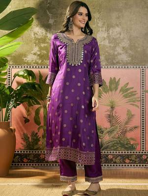 violet thread embroidered silk blend stitched straight trouser salwar suit set 4