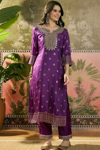 violet thread embroidered silk blend stitched straight trouser salwar suit set