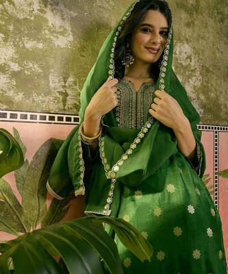green thread embroidered silk blend stitched straight trouser salwar suit set 2