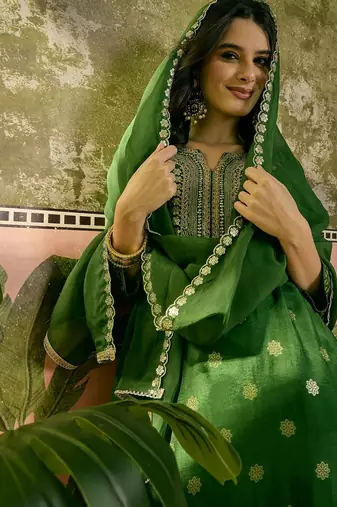 green thread embroidered silk blend stitched straight trouser salwar suit set