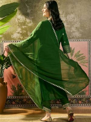 green thread embroidered silk blend stitched straight trouser salwar suit set 3