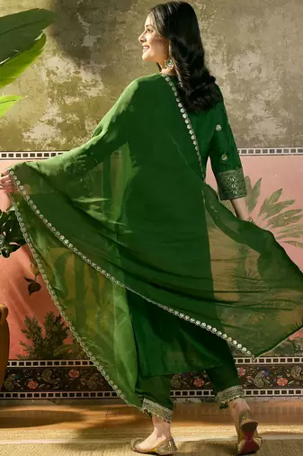 green thread embroidered silk blend stitched straight trouser salwar suit set