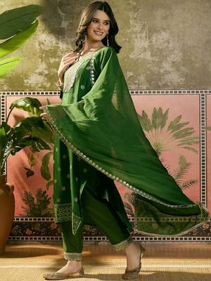 green thread embroidered silk blend stitched straight trouser salwar suit set 1