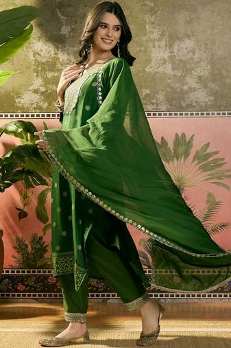 green thread embroidered silk blend stitched straight trouser salwar suit set
