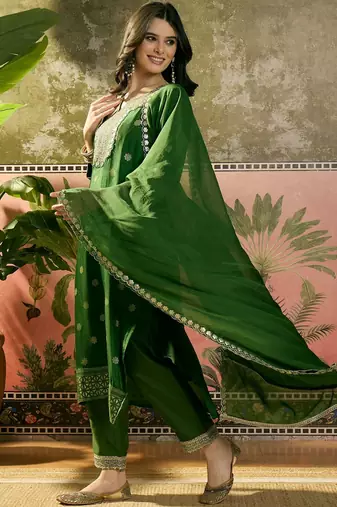 green thread embroidered silk blend stitched straight trouser salwar suit set