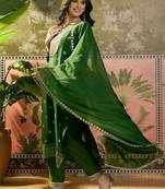 green thread embroidered silk blend stitched straight trouser salwar suit set