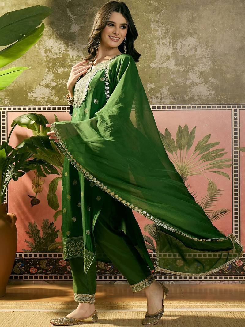 green thread embroidered silk blend stitched straight trouser salwar suit set