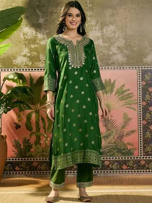 green thread embroidered silk blend stitched straight trouser salwar suit set 4