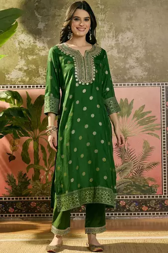 green thread embroidered silk blend stitched straight trouser salwar suit set