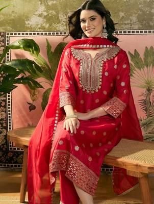 red thread embroidered silk blend stitched straight trouser salwar suit set 2