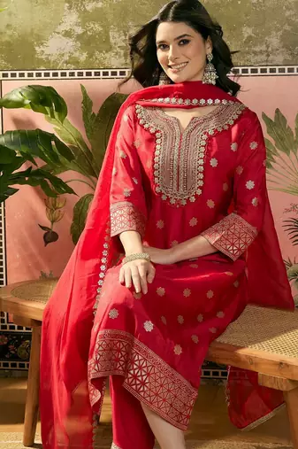 red thread embroidered silk blend stitched straight trouser salwar suit set