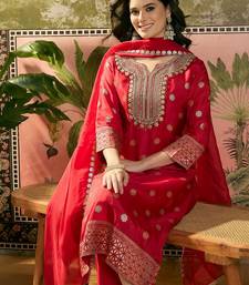red thread embroidered silk blend stitched straight trouser salwar suit set