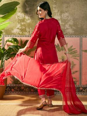 red thread embroidered silk blend stitched straight trouser salwar suit set 3