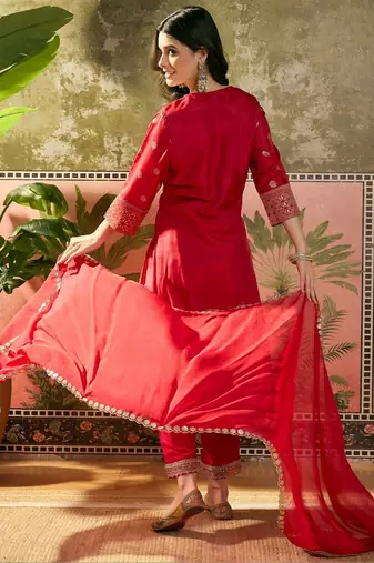 red thread embroidered silk blend stitched straight trouser salwar suit set
