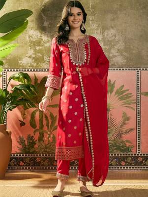 red thread embroidered silk blend stitched straight trouser salwar suit set 1