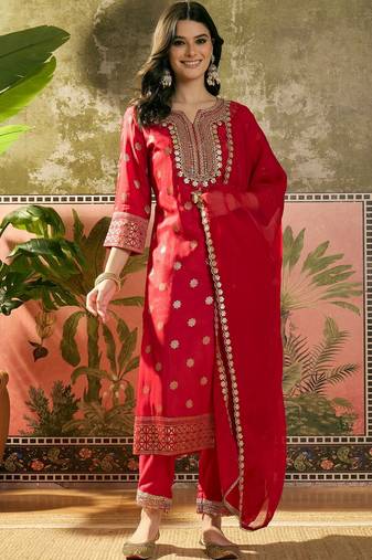 red thread embroidered silk blend stitched straight trouser salwar suit set