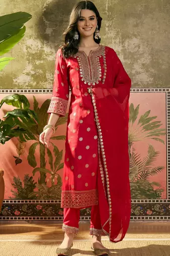 red thread embroidered silk blend stitched straight trouser salwar suit set
