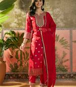 red thread embroidered silk blend stitched straight trouser salwar suit set