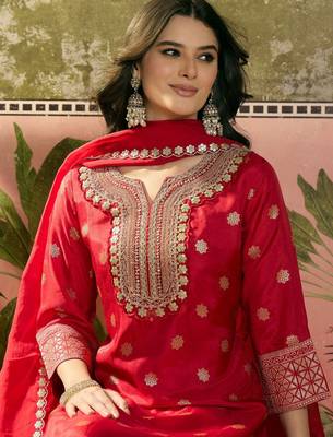 red thread embroidered silk blend stitched straight trouser salwar suit set 4