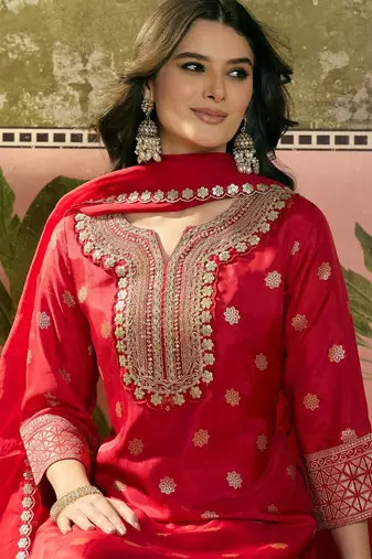 red thread embroidered silk blend stitched straight trouser salwar suit set