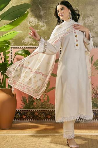 off-white floral embroidered cotton blend stitched a-line trouser salwar suit set