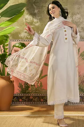 off-white floral embroidered cotton blend stitched a-line trouser salwar suit set