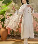 off-white floral embroidered cotton blend stitched a-line trouser salwar suit set