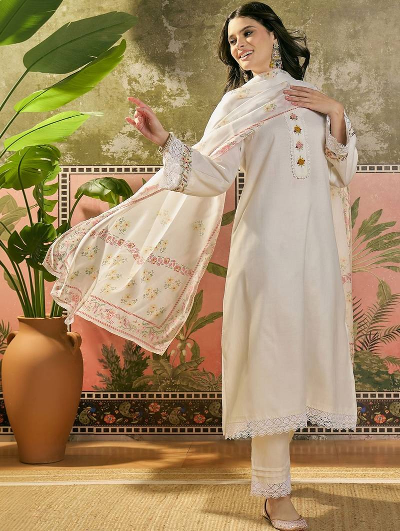 off-white floral embroidered cotton blend stitched a-line trouser salwar suit set