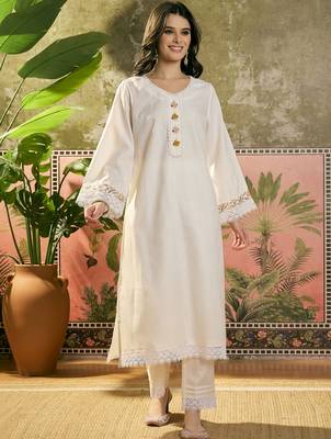 off-white floral embroidered cotton blend stitched a-line trouser salwar suit set 3