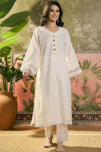 off-white floral embroidered cotton blend stitched a-line trouser salwar suit set