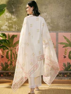 off-white floral embroidered cotton blend stitched a-line trouser salwar suit set 4
