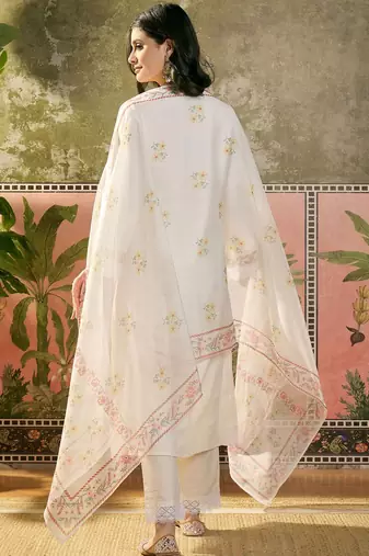 off-white floral embroidered cotton blend stitched a-line trouser salwar suit set