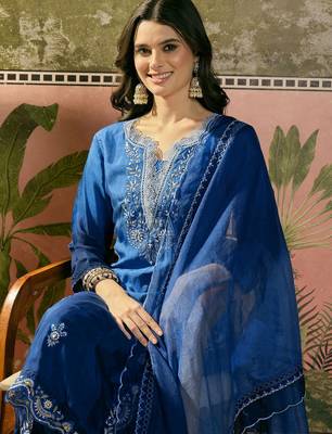 royal blue thread embroidered silk blend stitched straight trouser salwar suit set 2